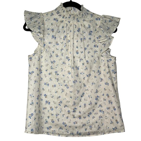 1.State Eyelet Ruffled Flutter Sleeveless Smocked Mock Neck Floral Blouse XS - Picture 2 of 6